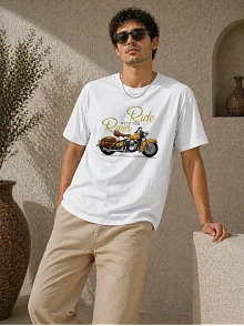 Erkek Motosiklet Baskılı Tişört Bisiklet Yaka Kısa Kol Yazlık T-shirt - Beyaz