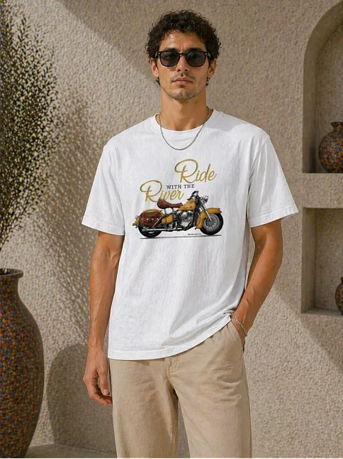 Erkek Motosiklet Baskılı Tişört Bisiklet Yaka Kısa Kol Yazlık T-shirt - Beyaz Erkek Motosiklet Baskılı Tişört Bisiklet Yaka Kısa Kol Yazlık T-shirt - Beyaz
