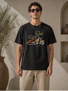 Erkek Motosiklet Baskılı Tişört Bisiklet Yaka Kısa Kol Yazlık T-shirt - Siyah