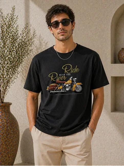 Erkek Motosiklet Baskılı Tişört Bisiklet Yaka Kısa Kol Yazlık T-shirt - Siyah Erkek Motosiklet Baskılı Tişört Bisiklet Yaka Kısa Kol Yazlık T-shirt - Siyah