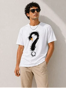 Erkek Kuğu Figürlü Soru İşareti Baskılı Tişört Kısa Kol T-shirt - Beyaz