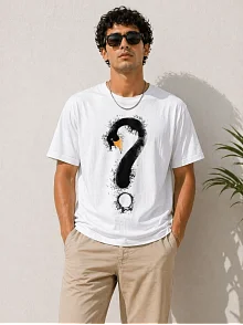 Erkek Kuğu Figürlü Soru İşareti Baskılı Tişört Kısa Kol T-shirt - Beyaz Erkek Kuğu Figürlü Soru İşareti Baskılı Tişört Kısa Kol T-shirt - Beyaz