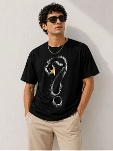 Erkek Kuğu Figürlü Soru İşareti Baskılı Tişört Kısa Kol T-shirt - Siyah