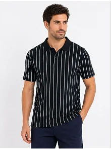 Erkek Pike Kumaş Çizgili Polo Yaka Tişört Kısa Kol Yazlık T-shirt - Siyah