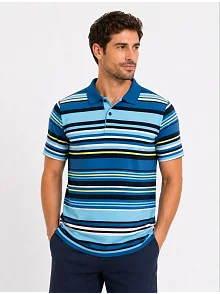 Erkek Çizgili Polo Yaka Tişört Kısa Kol Yazlık T-shirt Regular Fit - Mavi
