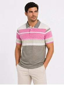 Erkek Flamlı Penye Çizgili Polo Yaka Tişört Kısa Kol Yazlık T-shirt - Gri