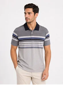 Erkek Flamlı Penye Çizgili Polo Yaka Tişört Kısa Kol Yazlık T-shirt - Gri