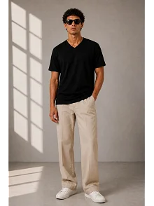 Erkek V Yaka Basic Tişört Kısa Kol Yazlık Regular Fit T-shirt - Siyah Erkek V Yaka Basic Tişört Kısa Kol Yazlık Regular Fit T-shirt - Siyah