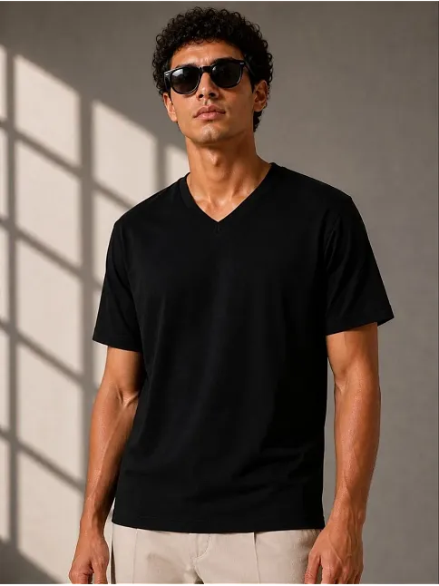 Erkek V Yaka Basic Tişört Kısa Kol Yazlık Regular Fit T-shirt - Siyah Erkek V Yaka Basic Tişört Kısa Kol Yazlık Regular Fit T-shirt - Siyah