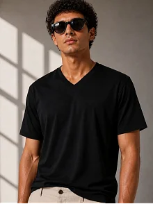 Erkek V Yaka Basic Tişört Kısa Kol Yazlık Regular Fit T-shirt - Siyah