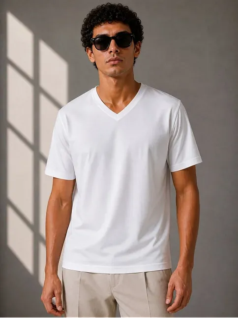 Erkek V Yaka Basic Tişört Kısa Kol Yazlık Regular Fit T-shirt - Beyaz