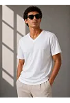 Erkek V Yaka Basic Tişört Kısa Kol Yazlık Regular Fit T-shirt - Beyaz