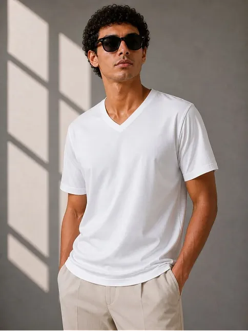 Erkek V Yaka Basic Tişört Kısa Kol Yazlık Regular Fit T-shirt - Beyaz
