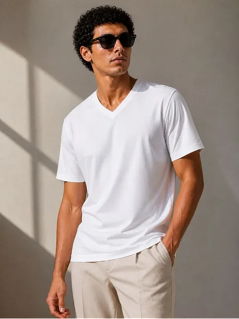 Erkek V Yaka Basic Tişört Kısa Kol Yazlık Regular Fit T-shirt - Beyaz