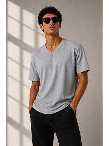 Erkek V Yaka Basic Tişört Kısa Kol Yazlık Regular Fit T-shirt - Gri