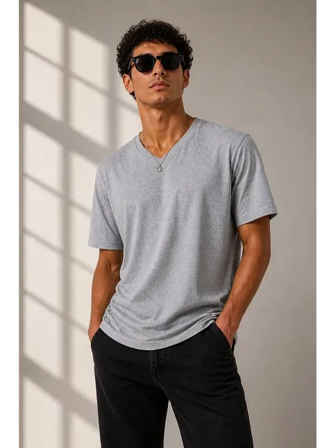 Erkek V Yaka Basic Tişört Kısa Kol Yazlık Regular Fit T-shirt - Gri Erkek V Yaka Basic Tişört Kısa Kol Yazlık Regular Fit T-shirt - Gri