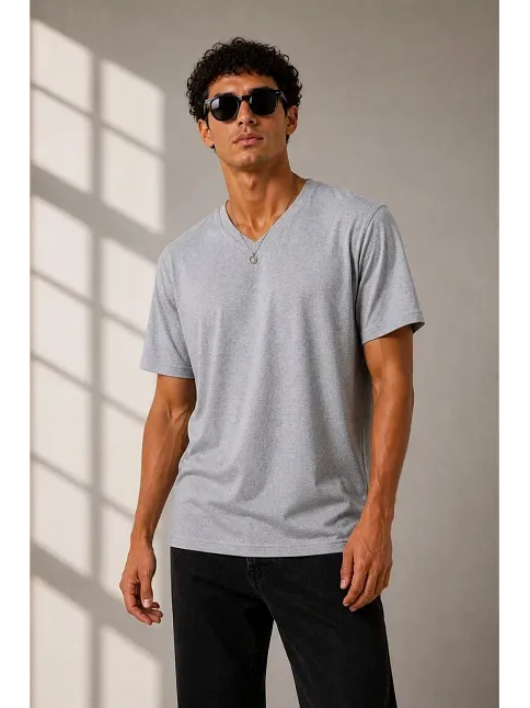 Erkek V Yaka Basic Tişört Kısa Kol Yazlık Regular Fit T-shirt - Gri Erkek V Yaka Basic Tişört Kısa Kol Yazlık Regular Fit T-shirt - Gri