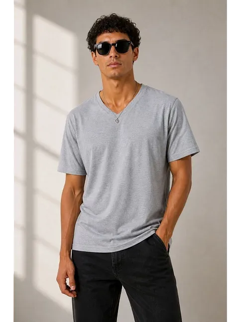 Erkek V Yaka Basic Tişört Kısa Kol Yazlık Regular Fit T-shirt - Gri Erkek V Yaka Basic Tişört Kısa Kol Yazlık Regular Fit T-shirt - Gri