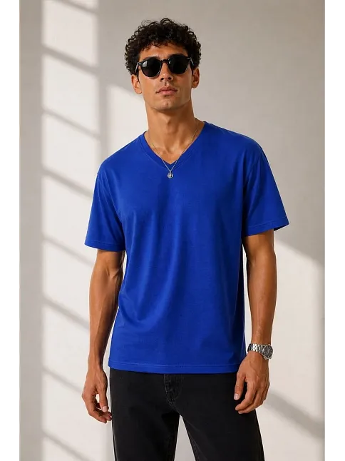 Erkek V Yaka Basic Tişört Kısa Kol Yazlık Regular Fit T-shirt - Saks Mavisi Erkek V Yaka Basic Tişört Kısa Kol Yazlık Regular Fit T-shirt - Saks Mavisi