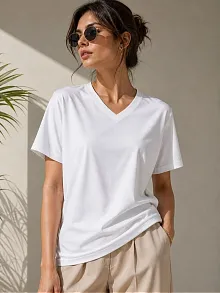 Kadın V Yaka Basic Tişört Kısa Kol Yazlık Regular Fit T-shirt - Beyaz