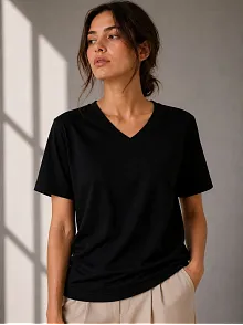 Kadın V Yaka Basic Tişört Kısa Kol Yazlık Regular Fit T-shirt - Siyah