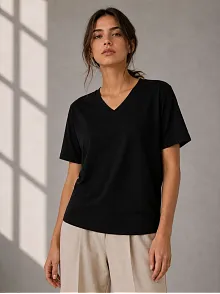 Kadın V Yaka Basic Tişört Kısa Kol Yazlık Regular Fit T-shirt - Siyah Kadın V Yaka Basic Tişört Kısa Kol Yazlık Regular Fit T-shirt - Siyah