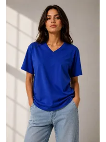 Kadın V Yaka Basic Tişört Kısa Kol Yazlık Regular Fit T-shirt - Saks Mavisi Kadın V Yaka Basic Tişört Kısa Kol Yazlık Regular Fit T-shirt - Saks Mavisi