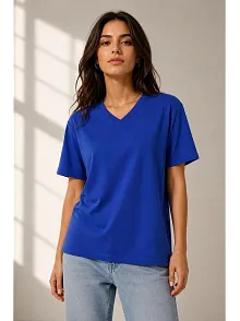 Kadın V Yaka Basic Tişört Kısa Kol Yazlık Regular Fit T-shirt - Saks Mavisi