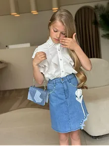 Kız Çocuk Gömlek Etek Çanta 3’lü Takım Fırfır Detaylı Jean Etekli Şık Kombin - Beyaz Kız Çocuk Gömlek Etek Çanta 3’lü Takım Fırfır Detaylı Jean Etekli Şık Kombin - Beyaz
