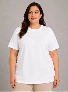 Kadın Battal Big Size Basic Tişört Bisiklet Yaka Rahat Kalıp T-shirt - Beyaz