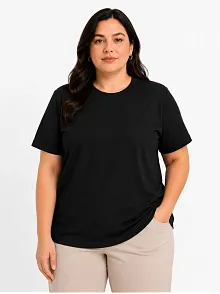 Kadın Battal Big Size Basic Tişört Bisiklet Yaka Rahat Kalıp T-shirt - Siyah