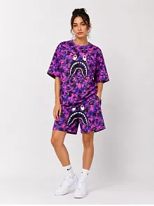 Kadın Oversize Kalıp Pubg Bape X Shark Nakışlı Cepli Şort Takım - Mor