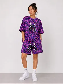 Kadın Oversize Kalıp Pubg Bape X Shark Nakışlı Cepli Şort Takım - Mor Kadın Oversize Kalıp Pubg Bape X Shark Nakışlı Cepli Şort Takım - Mor
