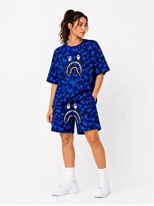 Kadın Oversize Kalıp Pubg Bape X Shark Nakışlı Cepli Şort Takım - Mavi