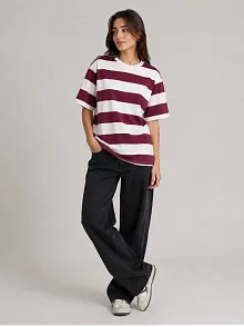 Kadın Çizgili Oversize Tişört Bisiklet Yaka Kısa Kol Yazlık T-shirt - Bordo