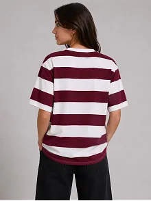 Kadın Çizgili Oversize Tişört Bisiklet Yaka Kısa Kol Yazlık T-shirt - Bordo Kadın Çizgili Oversize Tişört Bisiklet Yaka Kısa Kol Yazlık T-shirt - Bordo