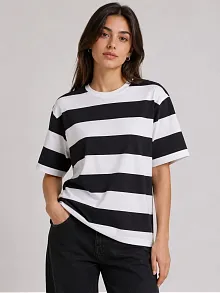 Kadın Çizgili Oversize Tişört Bisiklet Yaka Kısa Kol Yazlık T-shirt - Siyah