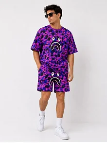 Erkek Oversize Kalıp Pubg Bape X Shark Nakışlı Cepli Şort Takım - Mor