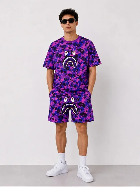 Erkek Oversize Kalıp Pubg Bape X Shark Nakışlı Cepli Şort Takım - Mor Erkek Oversize Kalıp Pubg Bape X Shark Nakışlı Cepli Şort Takım - Mor