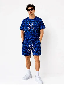 Erkek Oversize Kalıp Pubg Bape X Shark Nakışlı Cepli Şort Takım - Mavi
