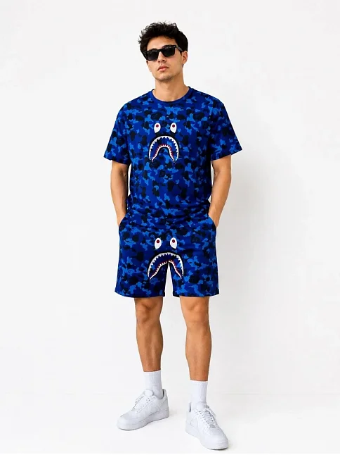 Erkek Oversize Kalıp Pubg Bape X Shark Nakışlı Cepli Şort Takım - Mavi Erkek Oversize Kalıp Pubg Bape X Shark Nakışlı Cepli Şort Takım - Mavi