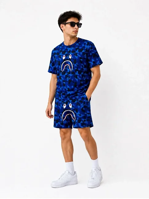 Erkek Oversize Kalıp Pubg Bape X Shark Nakışlı Cepli Şort Takım - Mavi Erkek Oversize Kalıp Pubg Bape X Shark Nakışlı Cepli Şort Takım - Mavi