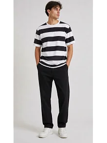 Erkek Çizgili Oversize Tişört Bisiklet Yaka Kısa Kol Yazlık T-shirt - Siyah