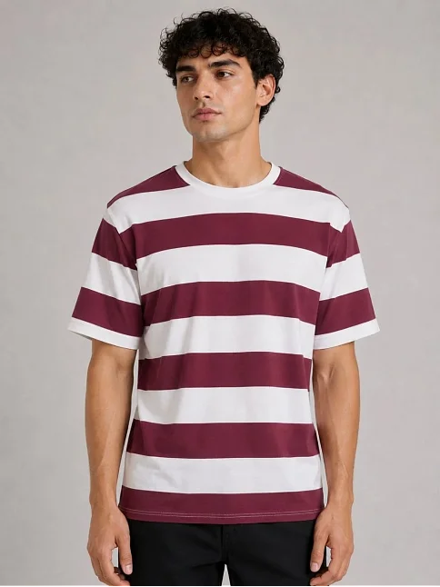 Erkek Çizgili Oversize Tişört Bisiklet Yaka Kısa Kol Yazlık T-shirt - Bordo Erkek Çizgili Oversize Tişört Bisiklet Yaka Kısa Kol Yazlık T-shirt - Bordo