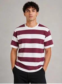 Erkek Çizgili Oversize Tişört Bisiklet Yaka Kısa Kol Yazlık T-shirt - Bordo