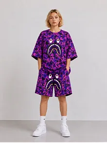 Kız Çocuk Oversize Kalıp Pubg Bape X Shark Nakışlı Cepli Şort Takım - Mor Kız Çocuk Oversize Kalıp Pubg Bape X Shark Nakışlı Cepli Şort Takım - Mor