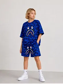 Erkek Çocuk Oversize Kalıp Pubg Bape X Shark Nakışlı Cepli Şort Takım - Siyah