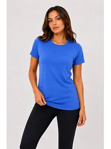 Kadın Basic Tişört Bisiklet Yaka Kısa Kol Günlük Yazlık Slim Fit T-shirt - Mavi