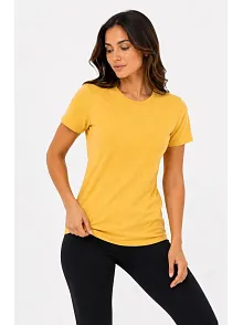 Kadın Basic Tişört Bisiklet Yaka Kısa Kol Günlük Yazlık Slim Fit T-shirt - Sarı