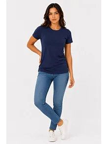 Kadın Basic Tişört Bisiklet Yaka Kısa Kol Günlük Yazlık Slim Fit T-shirt - Lacivert